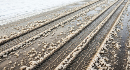 Tire tracks in snow create a textured pattern on road, making tire tracks visible. Tire tracks pattern in dirty, melting snow after blizzard or ice storm.