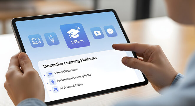 Realistic hand interacting with modern EdTech icons and digital interface elements. Ideal for online learning platforms, e-learning solutions, virtual classrooms, educational apps, training systems, a