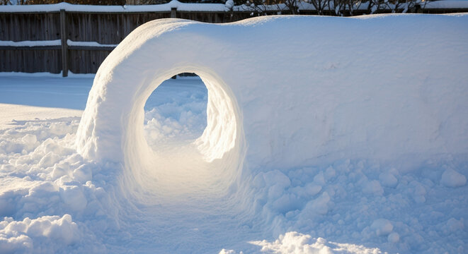 Icy snow structure featuring sculpted entrance, perfect ice cave shelter in winter landscape. Snow structure demonstrates fun outdoor activity, built from compacted snow.