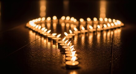 A glowing heart formed by lit tealight candles on a dark reflective surface symbolizes remembrance, compassion, and solidarity for the International Day for the Elimination of Violence Against Women.