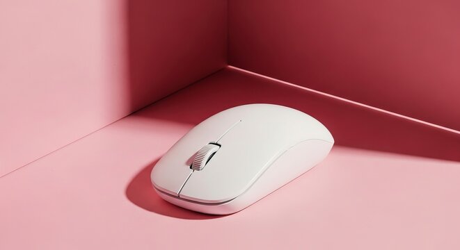 Close-up of a white computer mouse resting on a pink background with soft lighting