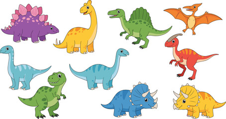A delightful collection of cute cartoon dinosaurs featuring T-Rex, Triceratops, Stegosaurus, Pterodactyl, and Brontosaurus, perfect for children's educational content and fun apparel design.