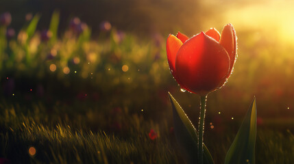 Stunning red tulip basking in the warm glow of sunset with dew drops, a beautiful spring scene conveying peace, hope, and the magic of nature