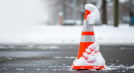Traffic cone covered with snow after heavy snowfall creates winter scene on asphalt. Traffic cone now covered, indicates winter weather conditions, road maintenance issues in snowy conditions.