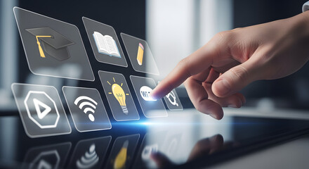 Realistic hand interacting with modern EdTech icons and digital interface elements. Ideal for online learning platforms, e-learning solutions, virtual classrooms, educational apps, training systems, a