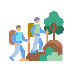 People hiking on a hill with tree vector illustration