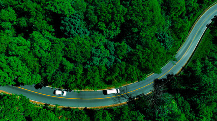 Car in rural road in deep rain forest with green tree forest view from above, Aerial view car in the forest on asphalt road background, Electric vehicle EV car drive asphalt road green tree forest