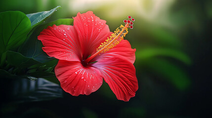 Vibrant red hibiscus glistening with dewdrops in tropical garden, perfect for summer themes and floral designs, adding an exotic touch