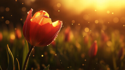 Stunning red tulip bathed in golden sunlight and delicate dew drops, a vibrant symbol of spring and new beginnings to brighten any project