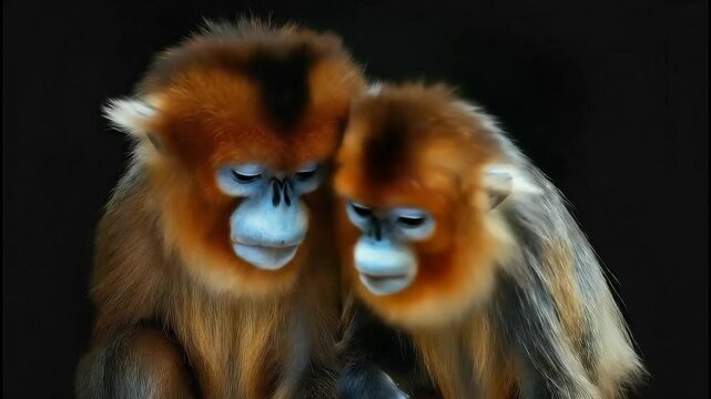 Two Golden Snub-nosed Monkeys with Blue Faces