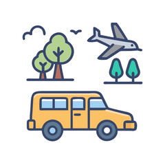 Stylized road trip concept with vehicle and airplane