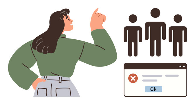 Woman pointing at group icon with error message dialogue box. Ideal for teamwork, responsibility, leadership, feedback, conflict resolution, decision-making, accountability. Simple flat metaphor
