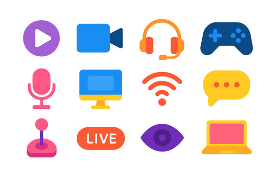 Gaming Stream Icons. Game Streaming Live flat icons: play button, camera, headset, game controller, microphone, monitor, Wi-Fi signal, chat bubble, joystick, live indicator, viewer
