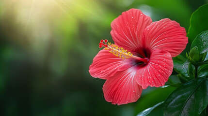 Stunning close-up of a vibrant red hibiscus flower glistening with morning dew, perfect for tropical themes and conveying natural beauty