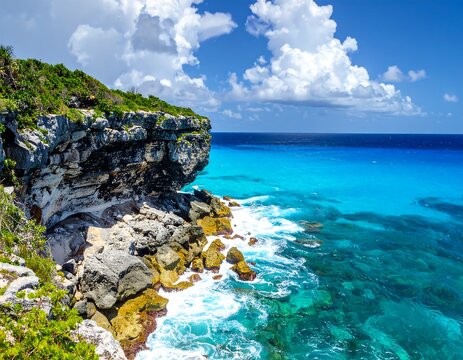 Coastal scene featuring rocky cliff, turquoise water, and bright blue sky with puffy white clouds. Lush greenery tops the cliff edge