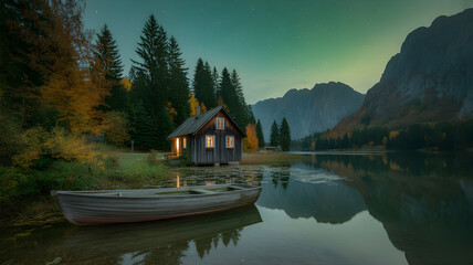 Lake Bled in the mountains with forest and cottage view