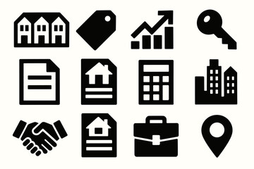 Bold Housing Icons. Housing Market silhouette icon set: townhouse, price tag, chart arrow, house key, document icon, mortgage paper, calculator, skyline, sale agreement, property