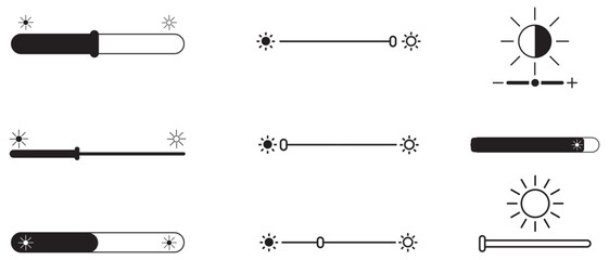 Set of Brightness level icon. Brightness control graduation icons set. Day and night or dark and light mode icons. Brightness slider level control. Vector illustration.
