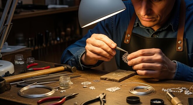 Skilled Artisan Crafting Intricate Jewelry with Precision Tools - Powered by Adobe