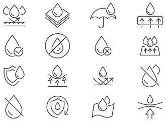 Set of waterproof water resistant materials vector linear icons set. Damp proofing and protection against moisture. Waterproof surface protection outline clip arts. Water permeability of a material. 