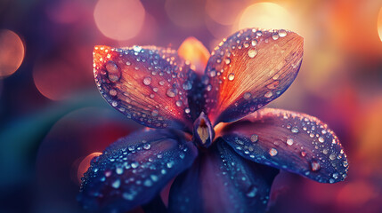 Stunning close-up of a vibrant flower with dew drops glittering in golden light, perfect for nature lovers and floral designs, a symbol of freshness