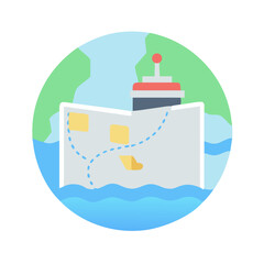 Cartoon flat ship map on world island illustration