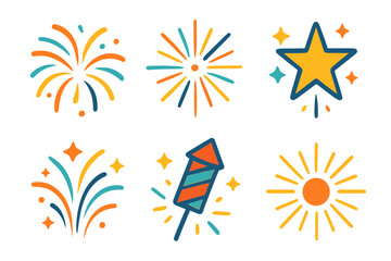 Vibrant Firework Icons. Firework Explosion flat icons: Firework, Spark, Star, Burst, Rocket, Glow.