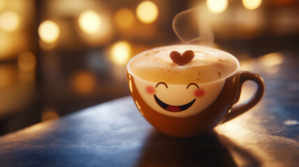 Delightful coffee cup with a happy face and heart topping creates a warm, inviting atmosphere perfect for cozy mornings or cafe promotions.