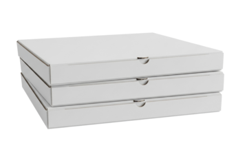 Stack of three plain white pizza boxes isolated PNG, blank cardboard containers for delivery or storage on transparent background