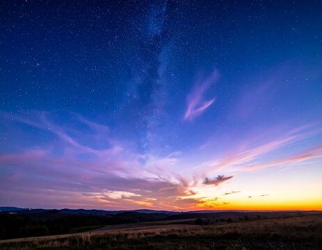 Nightscape with vibrant sunset, starry sky, and rolling hills