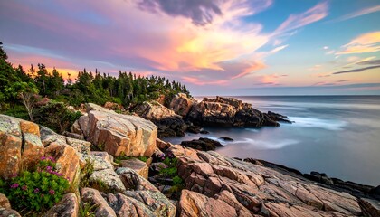 Coastal scene showcasing rocky terrain meeting the ocean under a vibrant sunset sky. Forested areas blend to water