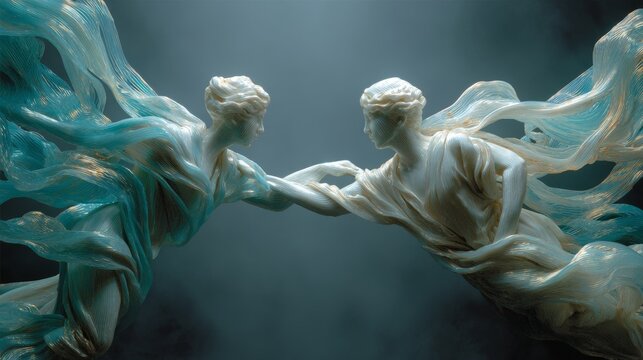Two classical marble statues of a man and woman reaching out to each other with flowing drapery in a dramatic, smoky atmosphere. - Powered by Adobe