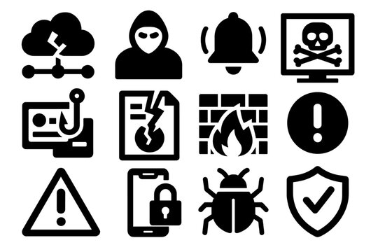 Bold Cybersecurity Icons. Information Threats silhouette icon set: network breach, hacker icon, warning bell, malware infection, phishing trap, data corruption, firewall grid,