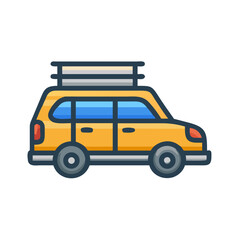 Yellow car with rooftop carrier against black background illustration