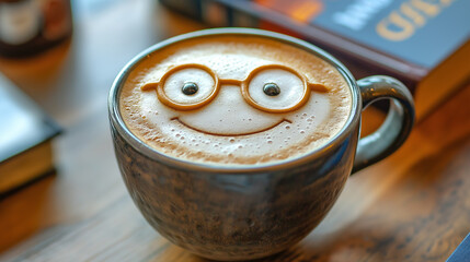Whimsical coffee art with a smiling face and glasses in a cozy cafe setting, perfect for morning joy and creative inspiration