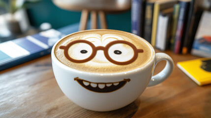 Whimsical latte art with a smiling face and glasses brings joy to your morning coffee break, perfect for cafes and personal enjoyment.