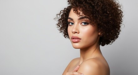 Portrait of a beautiful young woman with curly hair and flawless skin posing against a neutral background in a beauty and fashion style shoot