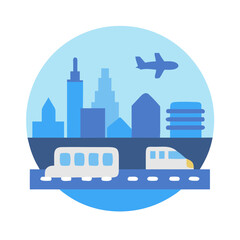 City skyline with airplane, bus, and train transportation art