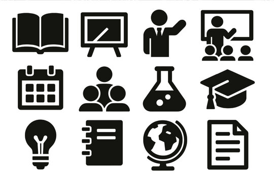 Scientific Method Icon Set. Educational Scientific Method silhouette icon set: open book, chalkboard, teacher icon, classroom, calendar, student group, experiment flask, graduation