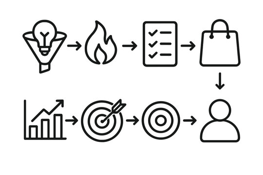 Marketing Funnel Icons. Marketing Funnel linear icon set: awareness icon, interest spark, decision checklist, purchase bag, arrow flow, chart, target, user icon.