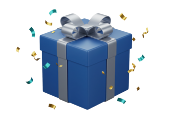 Blue gift box with silver ribbon and confetti isolated on transparent background PNG format Festive surprise present