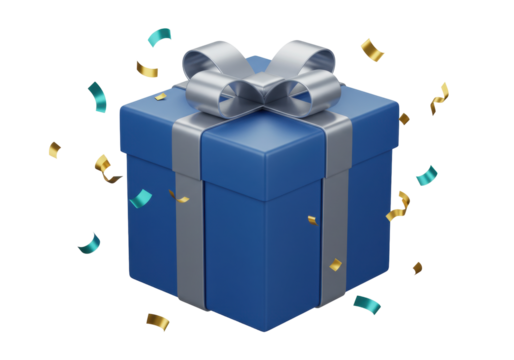 Blue gift box with silver ribbon and confetti isolated on transparent background PNG format Festive surprise present - Powered by Adobe