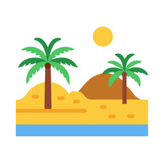 Flat vector illustration of tropical island landscape at sunset