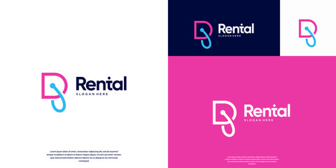 logo rental with abstract letter R, line art style, product label or price tag, vector illustration template.