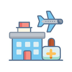 Airport cartoon with aircraft and first aid on black