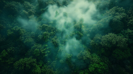 Obraz premium Serene aerial view of lush green forest with ethereal mist drifting through the treetops, inspiring tranquility and adventure for nature lovers