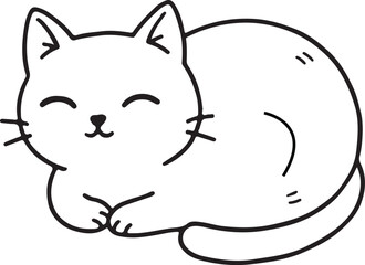 Cute Cat with Closed Eyes Outline Vector
