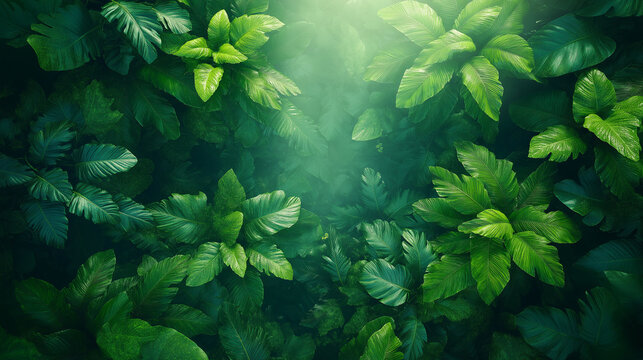 Lush vibrant green foliage background for serene design projects and nature themed marketing campaigns, capturing the essence of tropical freshness and growth