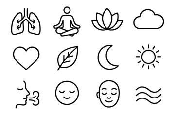 Breath Awareness Icons. Breath Awareness linear icon set: lung outline, air arrows, meditation pose, lotus flower, cloud, heart, leaf, moon, sun, breathing icon, wave, calm face.