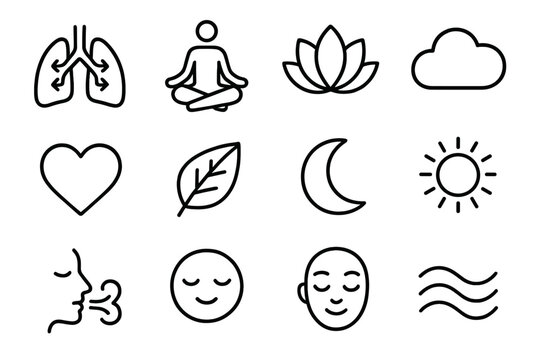 Breath Awareness Icons. Breath Awareness linear icon set: lung outline, air arrows, meditation pose, lotus flower, cloud, heart, leaf, moon, sun, breathing icon, wave, calm face.